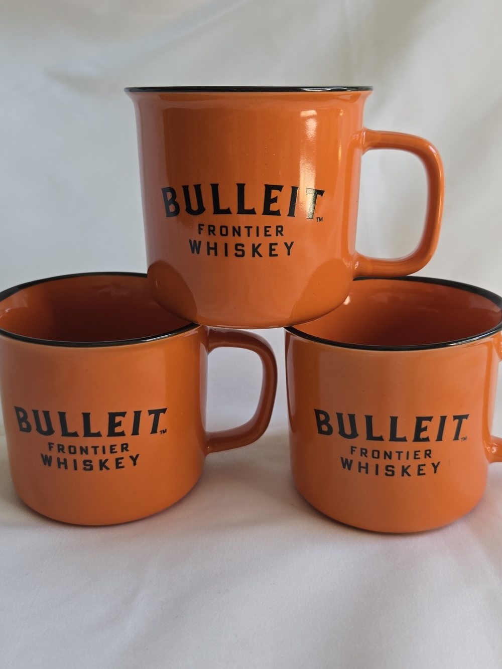 Three (3) Bulleit Frontier Whiskey Promo Orange Ceramic Coffee Mugs Bar Cocktail